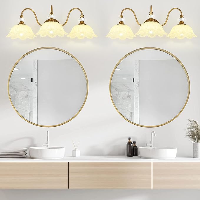Vintage Bathroom Vanity Light, 3-Light Matte Brass Finish Vanity Light with Floral Yellow Glass Shades, Retro Wall Sconce for Bathroom, Dressing Table