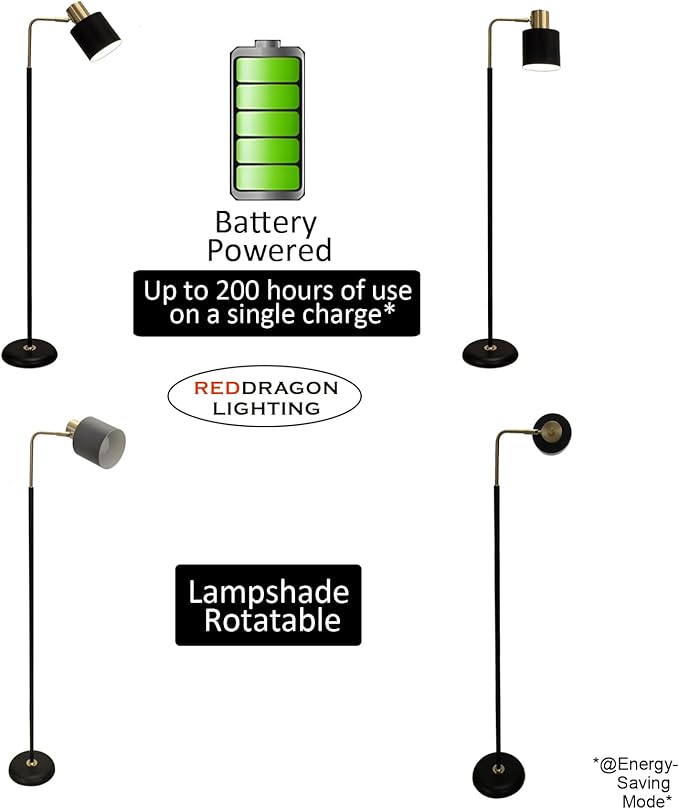 Modern Cordless Floor Lamp Battery Operated with Remote, Black Gold Rechargeable Minimalist Standing Battery Reading Floor Lamp with Metal Shade No Electric Wire for Living Room Bedroom (1 Pack)