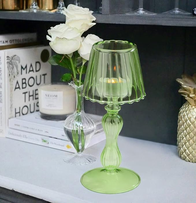 Desk Lamp Shaped Glass Candle Holder - Glass Hurricane Candleholder Crystal Decorative Candle Stand for Table Wedding Dinning Centerpieces Party Supplies Decor Grass Green