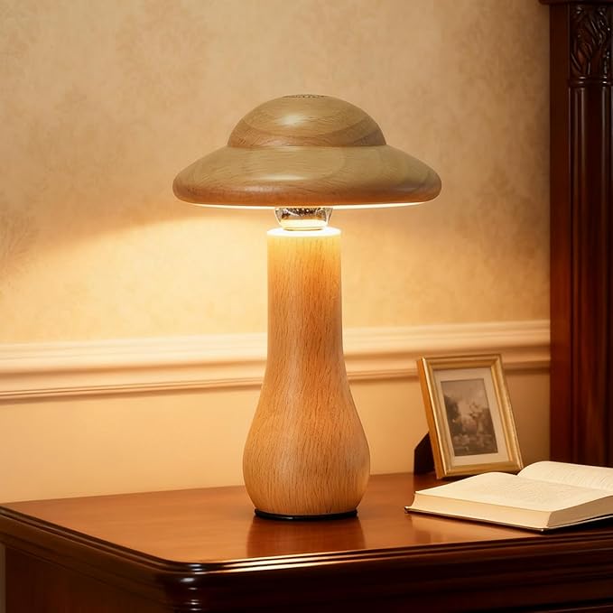 Portable Cordless Touch Switch Small Wooden Mushroom Lamp,Rechargeable Battery Operated, Stepless Dimming, 360 Degree Rotation Angle Adjustable Night Light