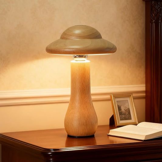 Portable Cordless Touch Switch Small Wooden Mushroom Lamp,Rechargeable Battery Operated, Stepless Dimming, 360 Degree Rotation Angle Adjustable Night Light