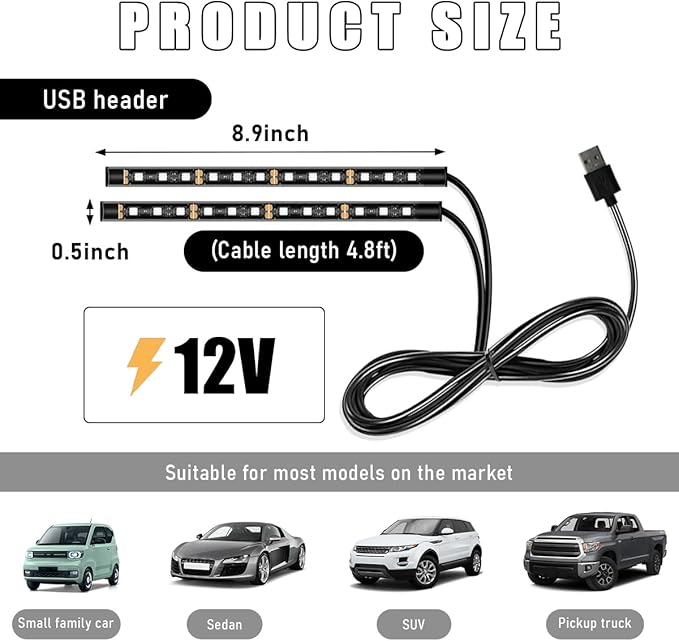 Car Interior LED Strip Light, 12V 24 LED Waterproof Neon Ambient Night Light with USB Port, Automotive Atmosphere Decorative Under Dash Lighting Kit, Car Accessories (Ice Blue)
