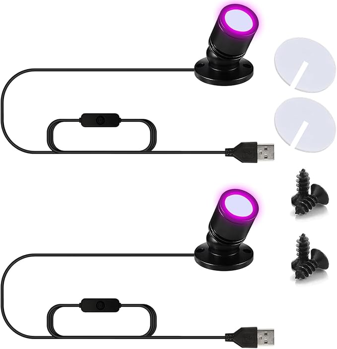 USB Powered Mini Spotlights for Displays 2-Pack – 5V Small LED Spot Lights Indoor, 7 Color Options, Compact USB Spotlight for Display Cases, Shelves, Cabinets, and Artwork (2PACK Purple)