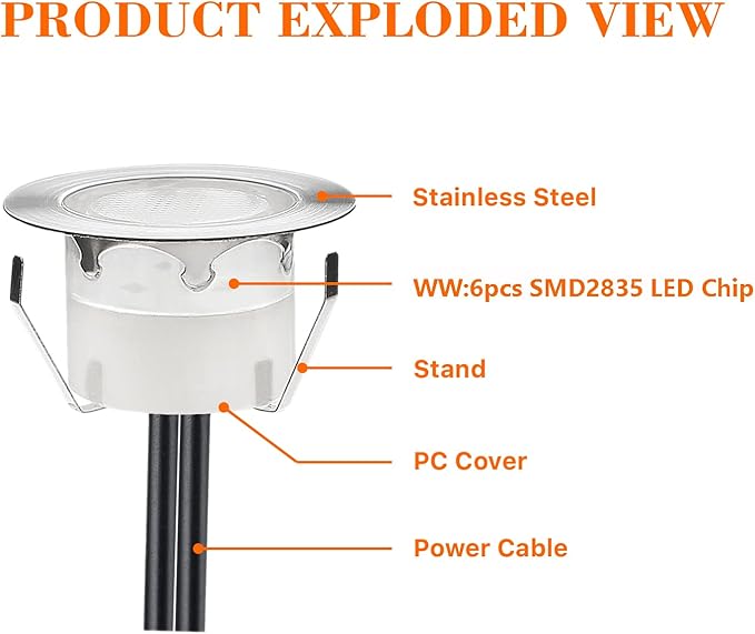 LED Outdoor Deck Lights Kits, Warm White Φ1.77in Low Voltage 12V DC IP67 Waterproof, Electric Wired Recessed Round Up Landscape Lighting for Outside Yard Stair Step Floor Riser, 12 Pack Silver