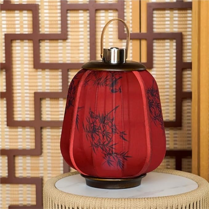 Simple Rechargeable Lantern Table Lamp with Touch Switch, Retro Chinese Small Night Light with Portable Handle, Elegant Decorative Fabric Nightstand Lamp for Bedroom Living Room(Red)