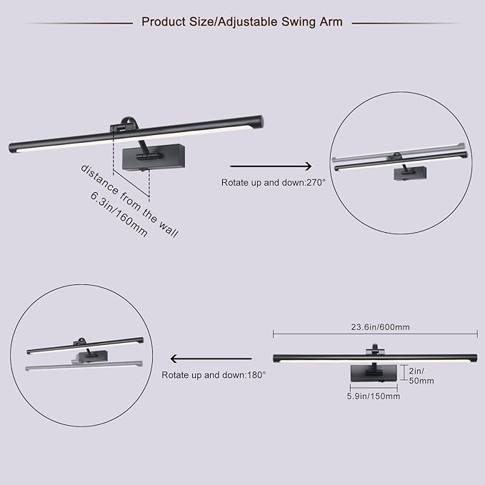 23.6 Inch Battery Operated Picture Lights for Wall Rechargeable Art Lighting for Paintings Wireless Gallery Lights with Remote Control and Dimmable Timed Off Black Wall Lights