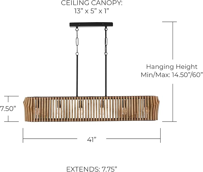Capital Lighting 844661WK Archer Modern Artisan-Crafted Mango Wood Island Lights for Kitchen & Dinning Area, 6-Light 360 Total Watts, 8" H x 41" W, Light Wood and Matte Black