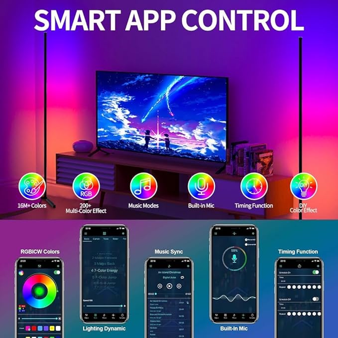 RGBIC Floor Lamp, LED Corner Lamp Works Smart APP, Smart Modern Floor Lamp with Music Sync and 16 Million DIY Colors, Color Changing Standing LED Lamp for Bedroom Living Room