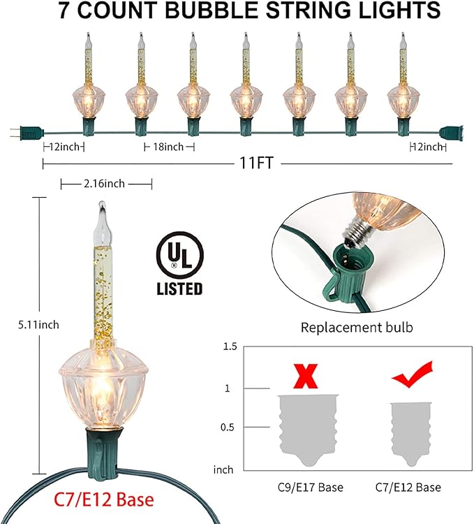 Gold Christmas Bubble Lights Set, 11Ft Vintage Christmas String Lights with 8 Golden Bubble Lights (1 Spare ) C7/E12 Base, UL Listed for Indoor Outdoor Holiday Tree Fireplace Window Party Decorations
