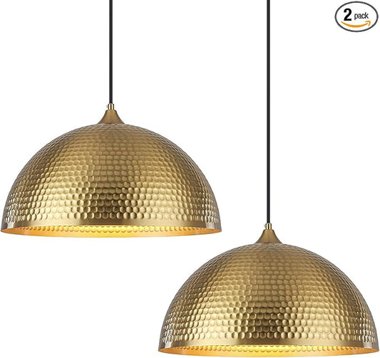 Gold Pendant Light 16 inch, Hammered Large Dome Pendant Light, Industrial Farmhouse Pendant Lights Kitchen Island, Gold Kitchen Pendant Lights for Kitchen, Dining Room Living Room 2 Pack