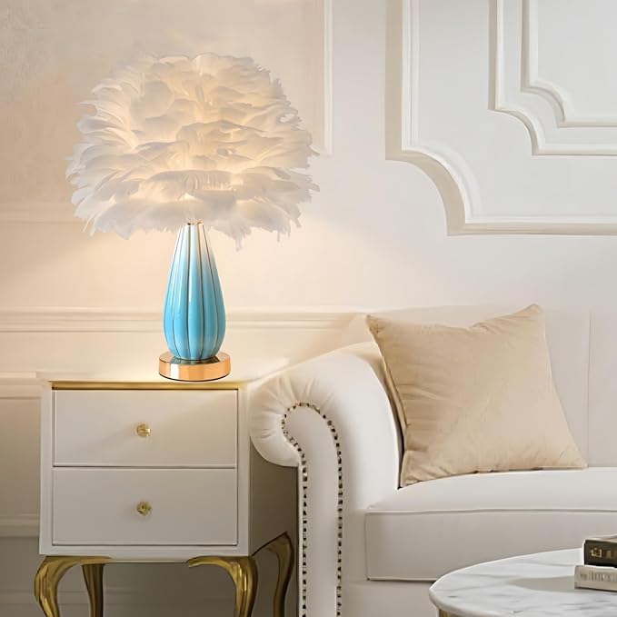 Chic White Feather Lamp Creative Feather Bedside Lamp Princess Nightstand Table Lamp Deco Romantic Atmosphere Desk Light for Cute Girl Bedroom Wedding Gift Living Room Hotel Ceramic Body