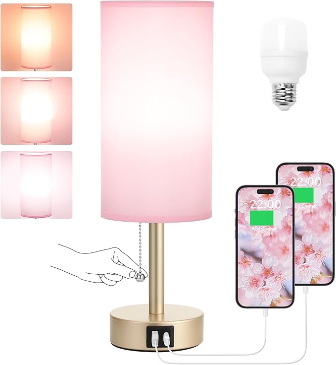 Small Table Lamp for Bedrooms - Bedside Lamps for Nightstands, Minimalist Night Stand Light with round fabric shade, Desk Reading Lamps for Children's room, Living room, Offices,Dorm (Pink and Gold)