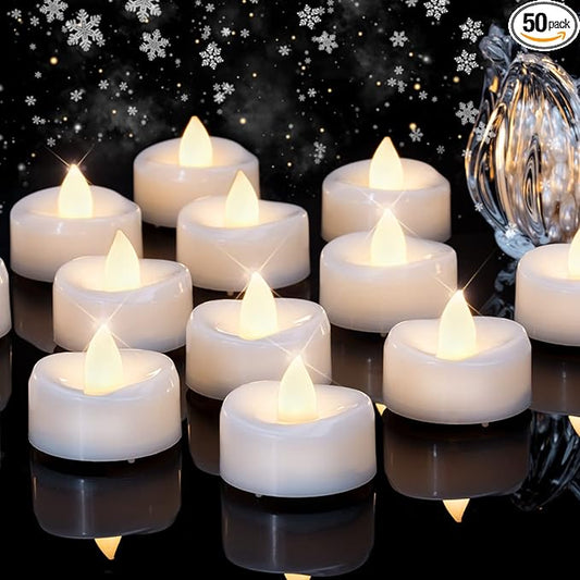 LED Candles, Tea Lights Candles Battery Operated Bulk, 50-Pack Long-Lasting 200 Hours Flameless Tealight Candles, Realistic Tea Lights for Christmas Halloween Wedding, 1.5'' D X 1.25'' H