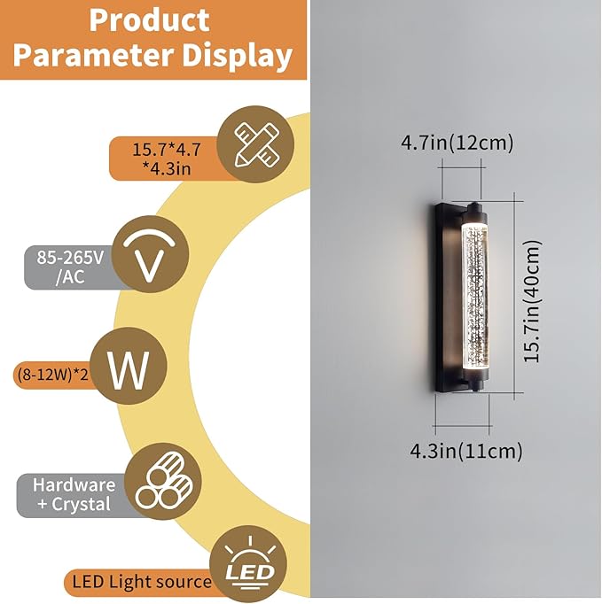 LED Porch Outdoor Wall Lights, 15.7inch Bubble Crystal Waterproof Modern Wall Sconce, 3000K-6500K Dimmable Minimalist Exterior Light Fixtures for House, Garage, Patio, Bathroom, Indoor