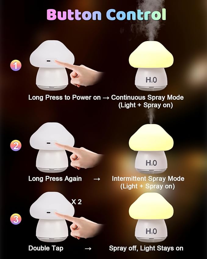 Mushroom Humidifier Lamp with 8 RGB Colors Lights,Cute Rechargeable Portable Humidifiers for Bedroom,Small Mushroom Diffuser with Two Spray Modes,Touch Night Light,Valentine's Day Gifts