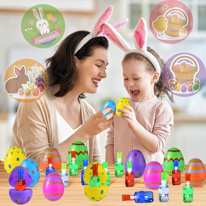 32 Prefilled Easter Eggs with Finger Lights Egg Fillers, Easter Basket Stuffers Gifts for Kids Teens Plastic Glow In The Dark Easter Eggs Filled Toys for Kids Boys Girls Party Favors Egg