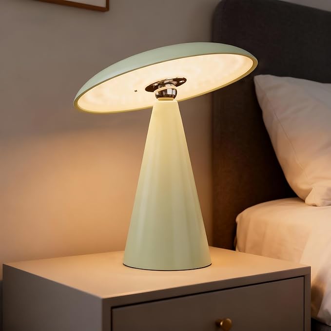 Mushroom Aesthetic Cute Lamp,Magnetic Mid Century Modern Lamp with 3-Mode Lighting for Unique Home Mushroom Decor,Cordless USB-C Rechargeable Lamps for Bedside/Dorm/Office Decor(Avocado Green)