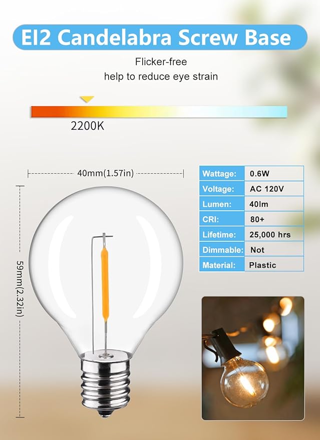Plastic C7/G40 Replacement LED Light Bulbs - 0.6W Equivalent to 7W Incandescent Bulbs 2200K, E12 Screw Base Shatterproof & Waterproof LED Globe Light Bulbs for Outdoor String Lights (25 Pack)