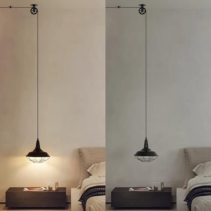 Farmhouse Black Metal Wire Cage Plug in Pulley Pendant Lights with 19.4ft Adjustable Cord On/Off Switch, Industrial Vintage Barn Hanging Ceiling Light for Kitchen Island Hallway Foyer (2 Pack)