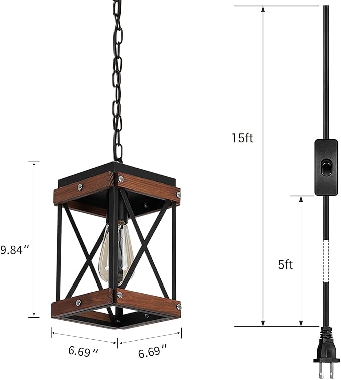 Fivess Lighting Rustic Farmhouse Plug in Pendant Light with 15ft Cord, On/Off Switch, Wood & Metal Cage Adjustable Chains Industrial Mini Hanging Fixture for Kitchen Island Sink Bar Farmhouse, Black