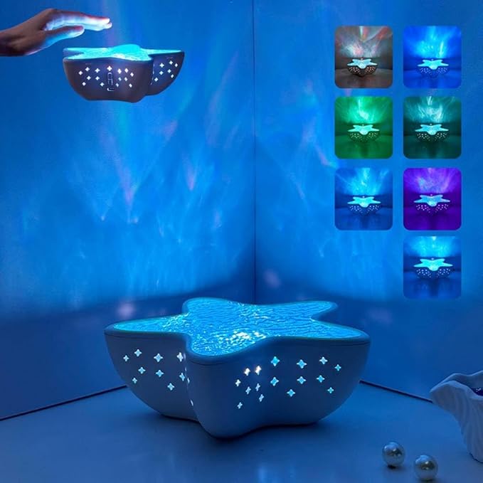 Starfish Ocean Projection Lamp,Romantic Water Ripple Night Light,7 Colors Ocean Wave Projector Light,3D Holographic Water Ripple Touch Control Aurora Projector for Room Decor Meditation Relaxation