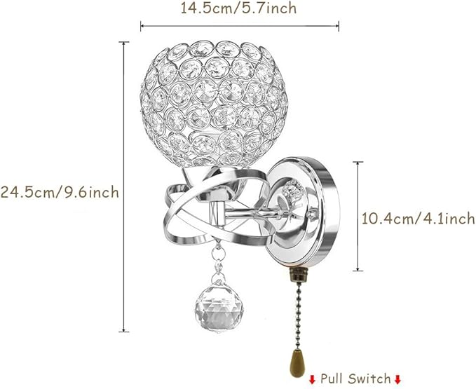 Modern Crystal Wall Light Pendent Lamp Chrome Finish Bedroom Sconce Lighting Fixture with Pull Cord Switch, E14 Socket (Spherical)