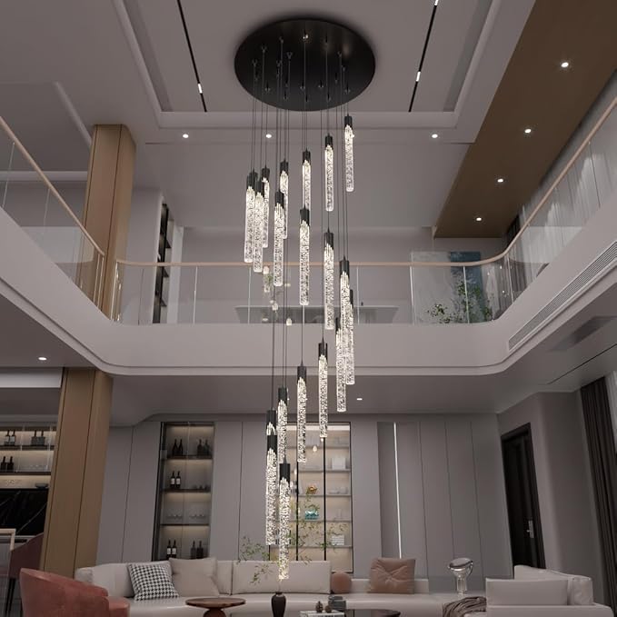 Flashing God Black 20 Lights High Ceiling Chandelier Modern Dimmable Light Fixtures Foyer Chandeliers Pendant Lighting Crystal Ceiling Chandelier Fixtures for Villa Staircase Hallway 11.5feet Long