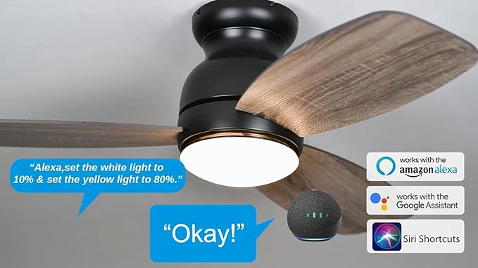 Carro Ceiling Fan with Lights, Indoor & Outdoor Ceiling Fan, 44" Low Profile DC Smart, Compatible with Alexa, Siri, Google Home & Smart APP, 2 Colors of Reversible Blades, Dark Walnut & Wood