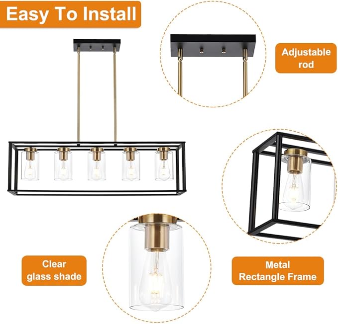 VINLUZ Farmhouse Chandeliers for Kitchen Island with Clear Glass Shade Black and Brushed Brass 5 Light Dining Room Lighting Fixtures Hanging, Rectangle Pendant Lights Industrial Ceiling Light
