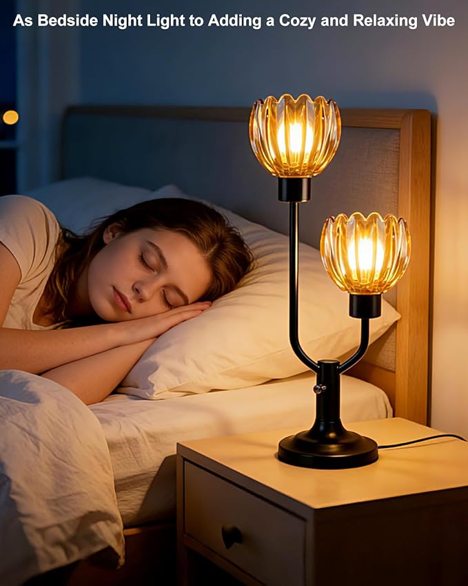 Lightdot Mid Century Modern Glass Table Lamp Black Dimmable U-Shaped Desk Lamps with Brown Lotus Glass Shade& 2Pcs 3000K Warmwhite Bulbs Included Bedside Nightstand Lamp for Living Room Bedroom
