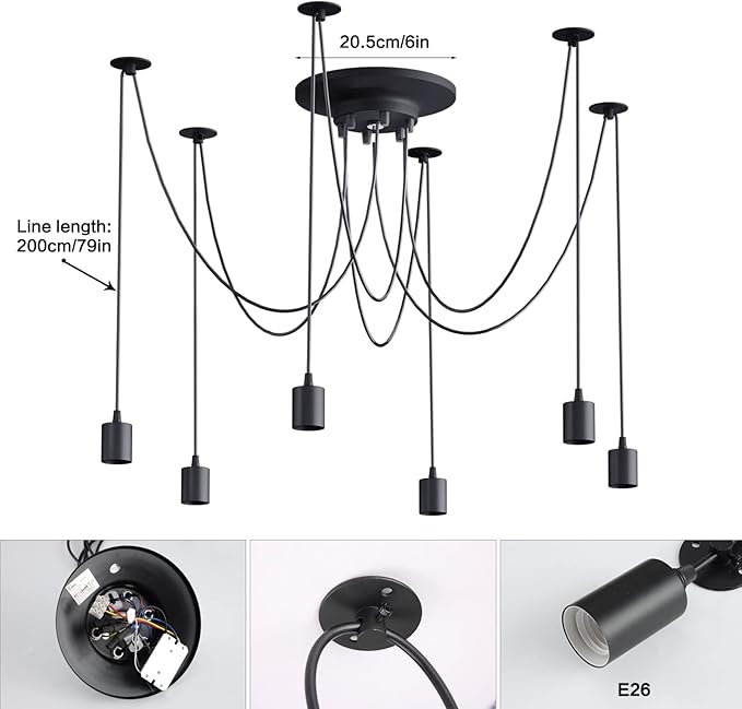 Fuloon Vintage Edison Multiple Ajustable DIY Ceiling Spider Lamp Light Pendant Lighting Chandelier Modern Chic Industrial Dining with Romote Control (6 Head Cable 200cm/78.7inch Each)