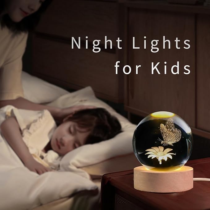 3D Laser Etched Butterfly Crystal Ball with Stand, 60mm Glass Sphere Decorative Balls, Crystal Butterfly Figurine Lamp Night Light Gifts for Women Girls Mom Kids