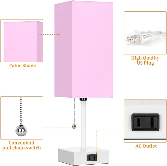 15'' Table Lamp for Bedroom set of 2,3-Color Bedside Lamps with Pull Chain Table Lamps for Night stands ,Small Night Light Lamps with 2 Bulbs Lamps for Living Room Kids Room Office Decor（Pink+White）