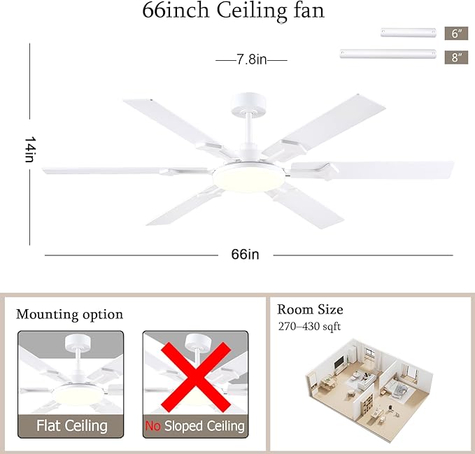 66 Inch White Ceiling Fans with Lights, Modern Large Ceiling Fan with Remote & APP Control, Reversible DC Motor, 6 Double-Sided Blades, 6 Speeds, Silent, Timer, for Living Room Indoor Outdoor