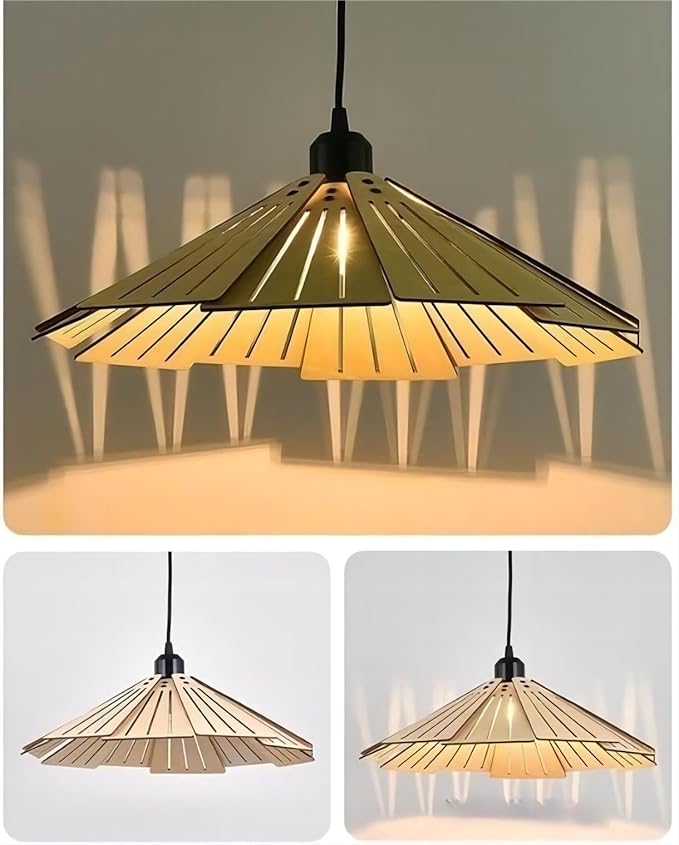 LIGHTLAND 16 Inch Wabi-Sabi Style Pendant Light, Wooden Hanging Light with Adjustable Hanging Length, Hanging Lamp for Bedroom, Dining Room, Bar - Hollowed, Wood Color, Pack of 1