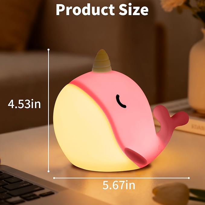 Cute Narwhal Night Light, Tap Control with 3 Warm White Brightness, USB Kids Bed Lamp with 30-Minute Timer, Soft Silicone Glow for Nursery, Birthday Gift (Pink Narwhal)