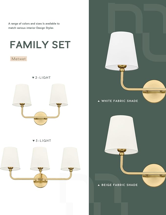Bathroom Light Fixtures, Brushed Gold Vanity Lights with Beige Fabric Shade, 3-Light Wall Sconce, Modern Sconces Wall Lighting for Hallway Bedroom, VL837-BG-B-3