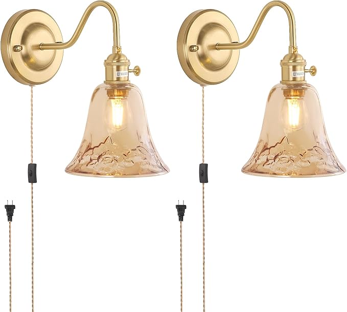 Plug in Wall Sconce Set of 2, Gold Vintage Wall Decor Lights with Amber Morning Glory Glass Shade, Indoor Brass Corded Wall Lamp Fixture for Bedroom Living Room Bathroom Hallway