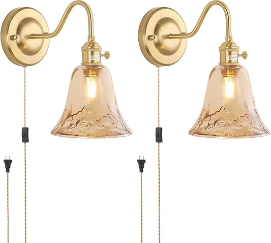 Plug in Wall Sconce Set of 2, Gold Vintage Wall Decor Lights with Amber Morning Glory Glass Shade, Indoor Brass Corded Wall Lamp Fixture for Bedroom Living Room Bathroom Hallway