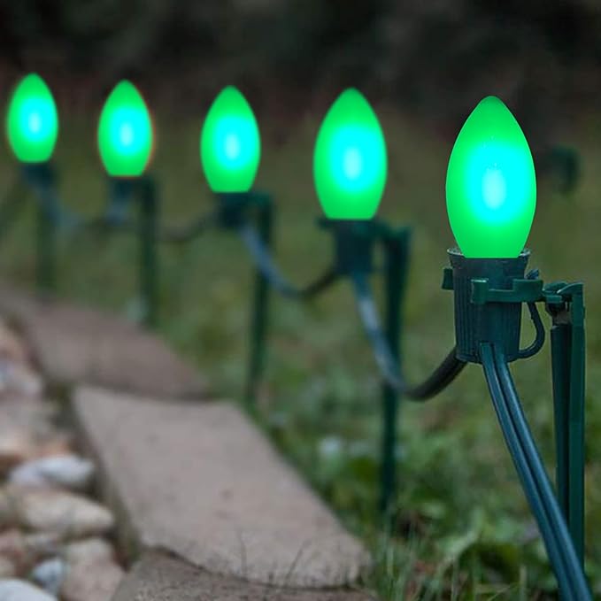 25 Pack C9 LED Green Christmas Light Bulbs, Shatterproof C9 Replacement Bulbs for Outdoor Christmas String Lights, 0.6W LED Night Lights Bulb, E17 Intermediate Base, 2700K Warm White- Green