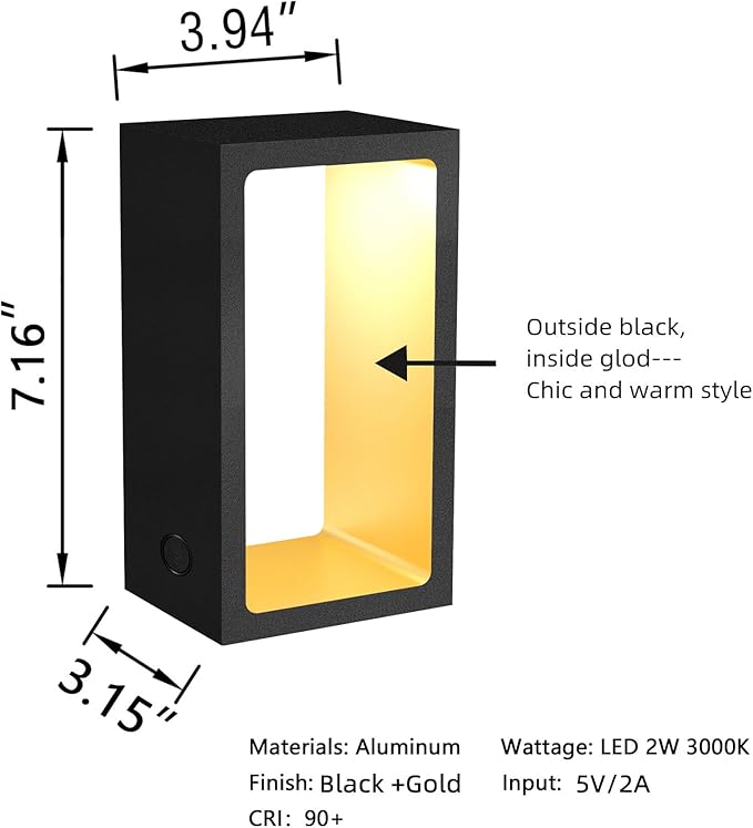Minimalist Portable Cordless LED Desk Lamp, Adjustable Brightness Bedside Night Light, 7" High Aluminum Metal Table Lamp Battery Operated, Rechargeable Wireless Table Lamp for Home (Black + Gold)