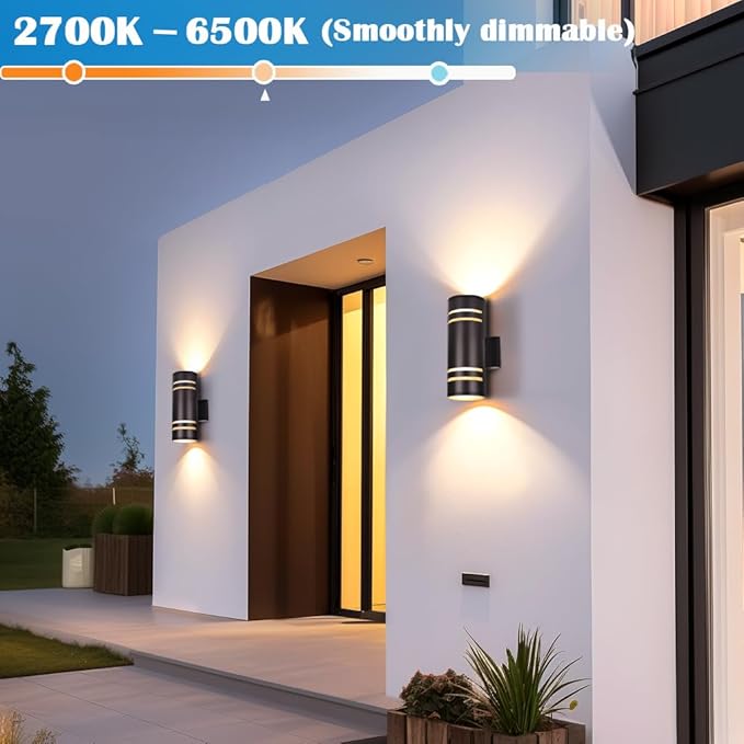 Smart RGB Outdoor Wall Lights, 2 Pack Front Porch Light Fixtures, Cylinder Up and Down Lights Outdoor Wall Sconce, Exterior Lighting Fixture Compatible with Google Assistant Alexa