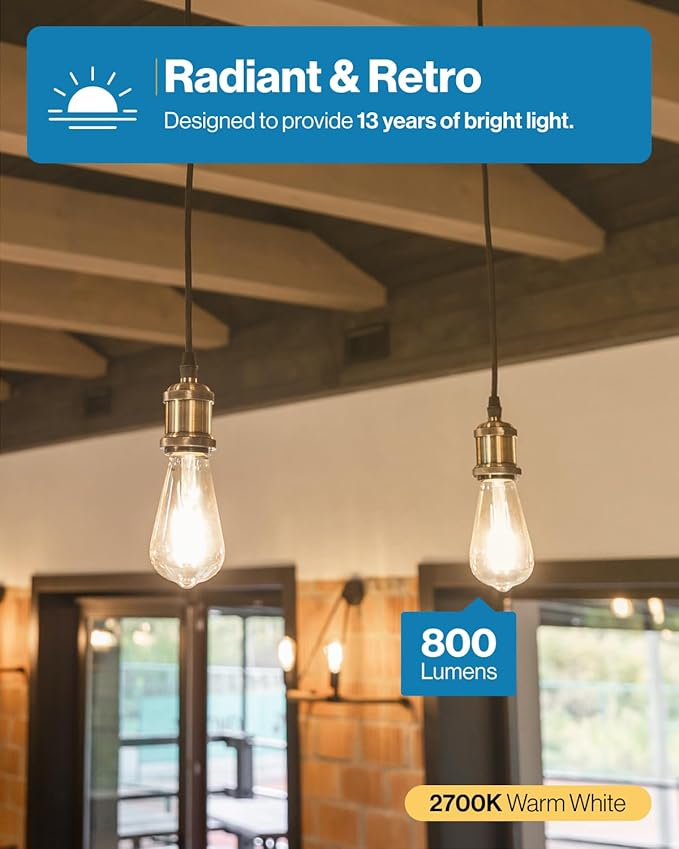 Sunco 24 Pack Edison Bulbs LED ST64, Clear Vintage Filament Waterproof Bulb, 800 LM, 8W (60W Equivalent), ST19, 2700K Soft White, E26 Medium Base, Decorative Dimmable UL