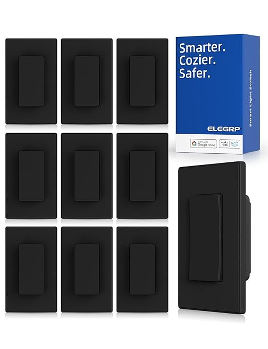 ELEGRP Smart Light Switch, 2.4GHz Wi-Fi Light Switch Compatible with Alexa & Google Assistant, Neutral Wire Required, APP Control and Timer Schedule, UL Certified, Single Pole/3 Way, Black, 10 Pack
