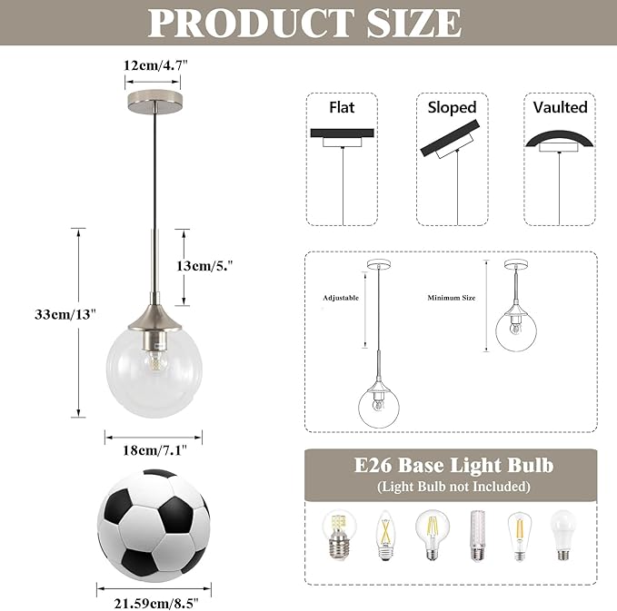 KCO Lighting 7.1” Glass Globe Pendant Light Brushed Nickel Ceiling Light Fixture Mid Century Modern Pendant Lights Kitchen Island Small Bubble Glass Pendant Light