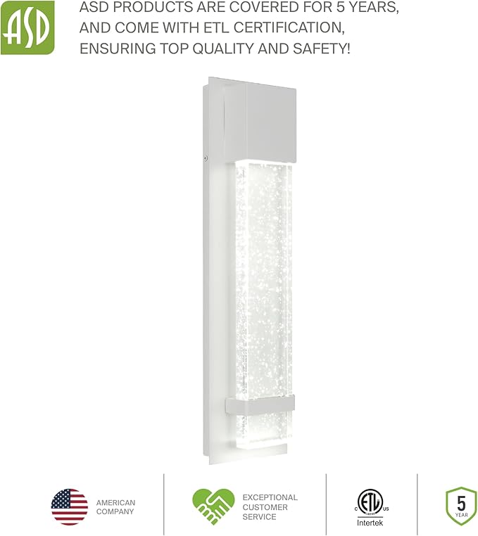 ASD LED 18 Inch Bubble Glass Wall Light Fixture | 12W 500LM 3000K-5000K 120V | 3CCT, Waterproof, Dimmable, ETL Listed | Exterior Flush Mount Sconce, Outdoor-Indoor Lighting | White