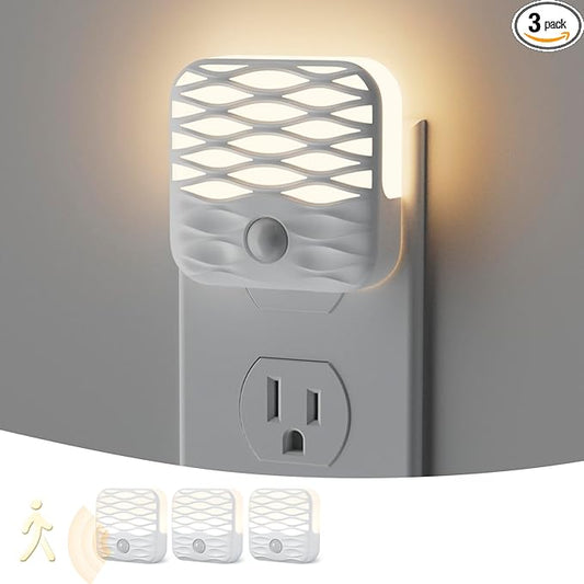 Dawnrise 3 Pack Night Lights Plug into Wall,Motion Sensor Nightlights Indoor with Warm White for Stairs, Hallway, Living Room, Kitchen, Entrance, Bathroom, Office
