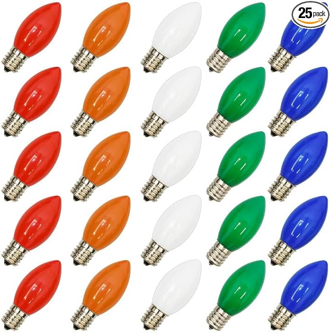 25 Pack C9 Replacement Christmas Light Bulbs, 0.6 Watt C9 Multicolor Ceramic LED Light Bulbs for Christmas Indoor Outdoor Patio Halloween Party String Lights, C9/E17 Candelabra Base