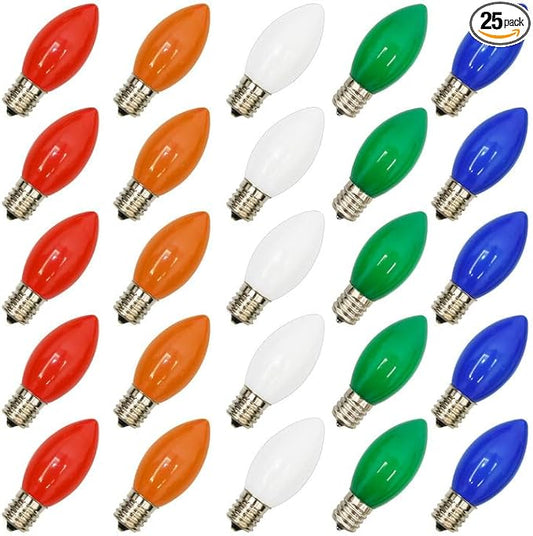 25 Pack C9 Replacement Christmas Light Bulbs, 0.6 Watt C9 Multicolor Ceramic LED Light Bulbs for Christmas Indoor Outdoor Patio Halloween Party String Lights, C9/E17 Candelabra Base