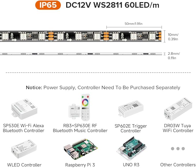BTF-LIGHTING WS2811 IC=RGB+IC Addressable Dream Color LED Strip 16.4FT 60LEDs/m 20Pixels/m IP65 Splash Proof Black PCB Flexible DC12V Chasing Effect for Home Indoor Decor(No Adapter or Controller)